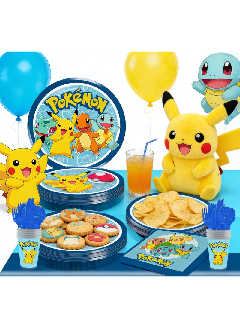 مجموعة زينة حفلة بوكيمون مكونة من 81 قطعة - أطباق ورقية، أكواب ورقية، مناديل، أغطية طاولات، سكاكين، شوك وملاعق - 10 حصص - Image 5